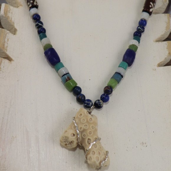 Unique Handmade Wire Wrapped Coral Beach Glass Long Beaded Necklace OOAK - Picture 5 of 6